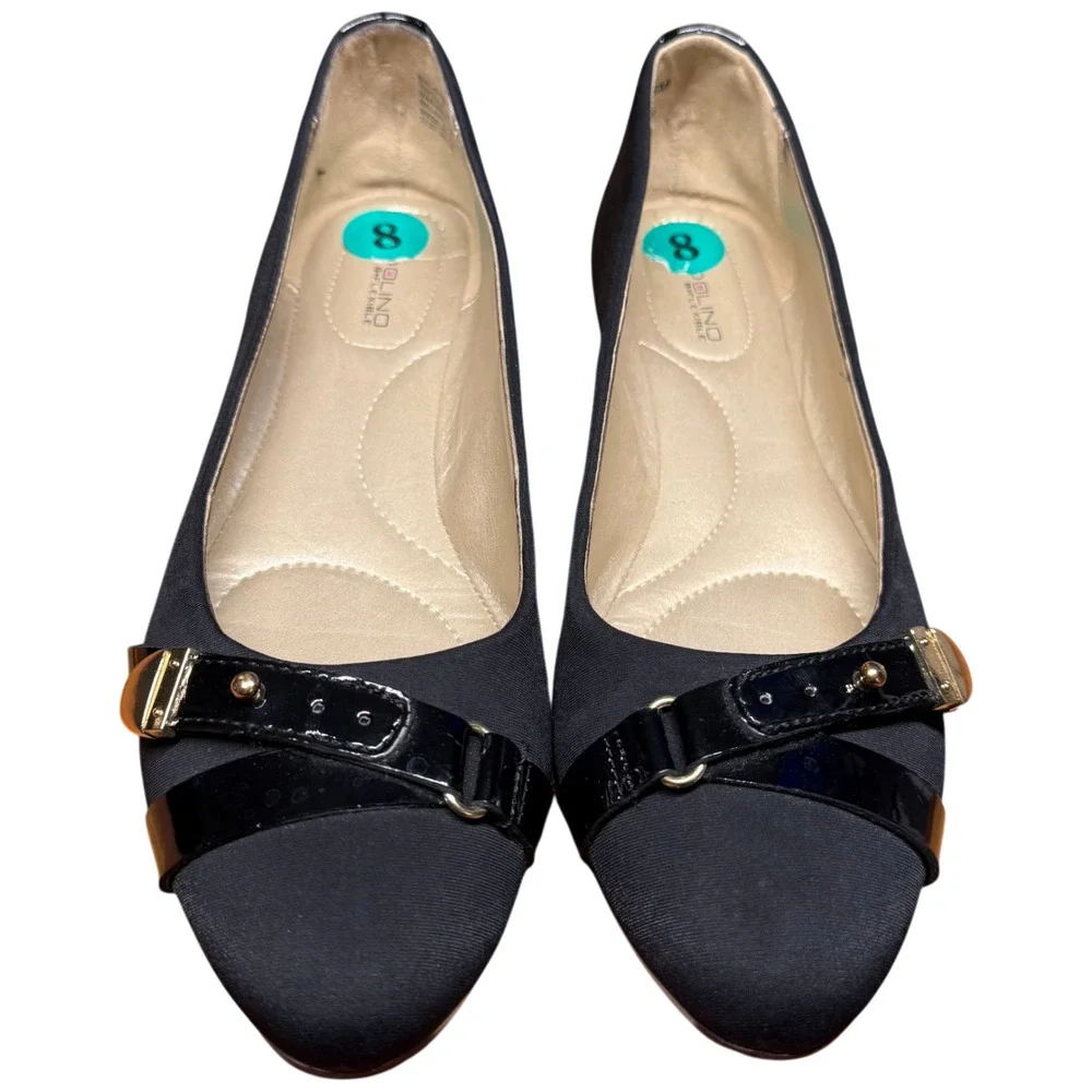 BANDOLINO Vermillion Women's 8 Black Wedge Flats Comfort Shoes Gold Buckle